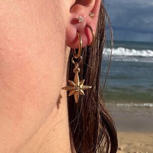 Gold Starburst Charm Hoop Earrings